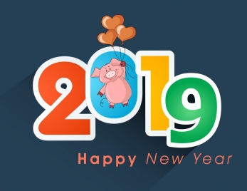 2019 new year banner colorful number pig icons
