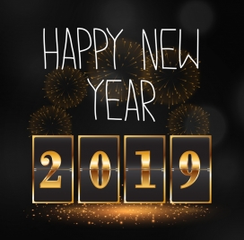 2019 new year banner yellow numbers fireworks decor