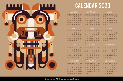 2020 calendar template abstract symmetrical ethnic decor