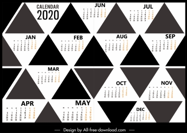 2020 calendar template black white geometric triangles decor
