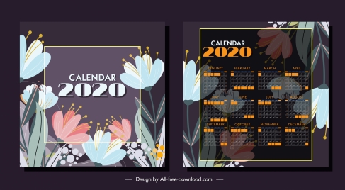 2020 calendar template classic floral decor blurred design