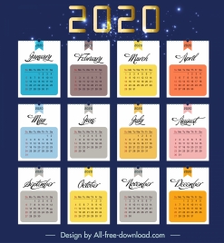 2020 calendar template colorful sparkling flat decor