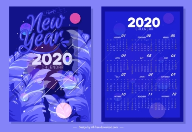 2020 calendar template dark blue design leaves ornament