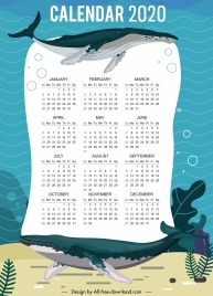 2020 calendar template marine whales decor
