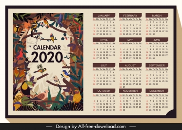 2020 calendar template wild birds theme colorful classic