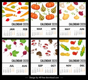 2020 calendar templates vegetables theme colorful decor