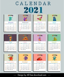 2021 calendar template funny monster characters sketch
