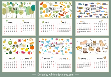 2021 calendar template nature vegetables animals themes