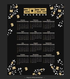 2022 calendar template dark design elegant flowers decor