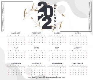2022 calendar template elegant bright design leaves sketch