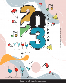 2023 calendar background  template dynamic texts words curves music notes wineglasses decor