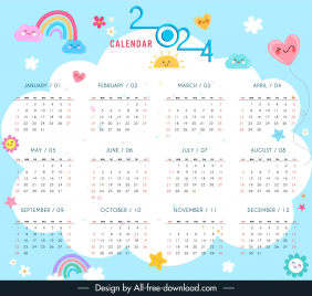 2024 cute calendar template cute stylized sky elements