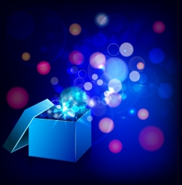 3d open gift box background sparkling bokeh style