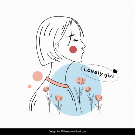 a lovely girl icon cute flat handdrawn cartoon sketch petals decor