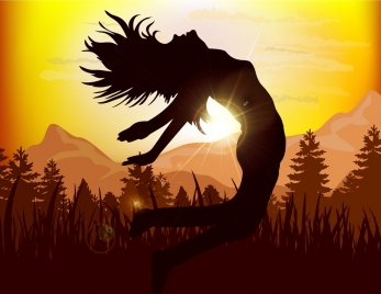 active girl icon silhouette design sunlight mountain view