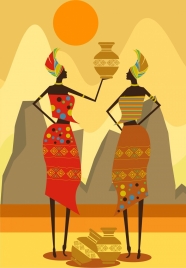 africa background tribe woman vase icons yellow design