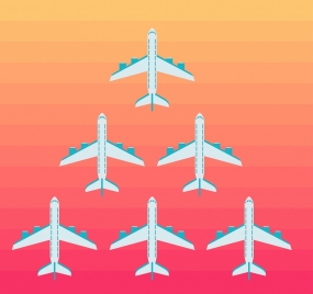 airplanes formation sketch colored flat design