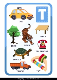 alphabet educational template t letter colorful symbols sketch