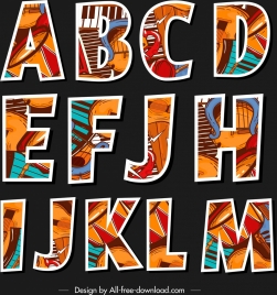 alphabet letters icons flat classical colorful instruments decor