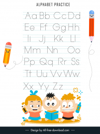 alphabet tracing worksheet for kids template flat cute pupils pencils texts sketch