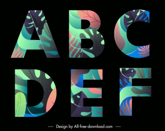 alphabets icons colorful leaves decor dark design