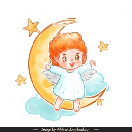 angel icon moon stars cloud sketch cute cartoon character