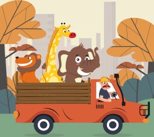 animal background truck lion giraffe elephant icons