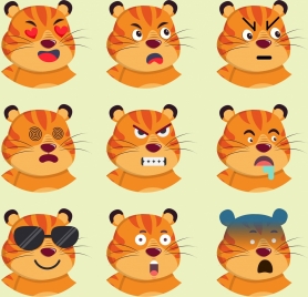 animal emoticon collection tiger head icons cartoon characters