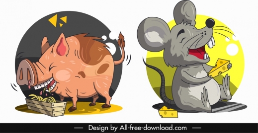 animal icons pig mouse sketch funny cartoon characters