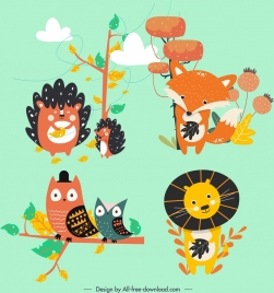 animal icons stylized porcupine fox owl lion characters