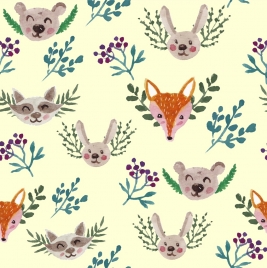 animals background head plants icons repeating design
