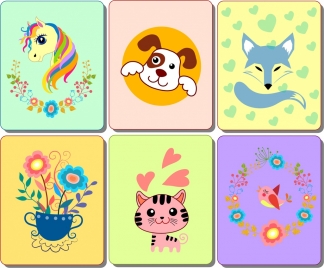 animals flowers card templates flat colorful isolation