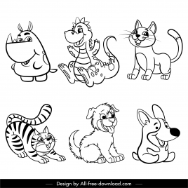 animals icons cute cartoon sketch black white handdrawn