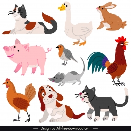 animals species icons colored retro handdrawn sketch