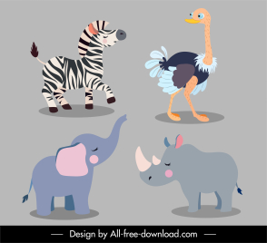 animals species icons zebra ostrich elephant rhino sketch