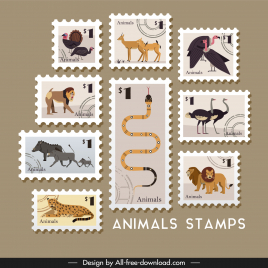 animals stamps templates collection flat retro cartoon species sketch