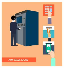 atm usage icons illustration with money withdrawal steps