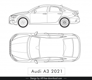 audi a3 2021 car model advertising template flat black white handdrawn top view side view sketch