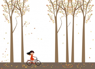 autumn background cartoon style little girl ridding bicycle
