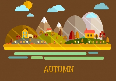 autumn background houses trees clouds icons multicolored design