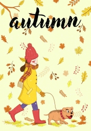 autumn background woman pet icons falling leaves backdrop