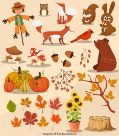 autumn design elements colored animals plants icons