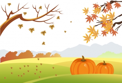 autumn drawing design with falling leaves and pumpkins