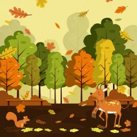 autumn landscape drawing falling leaves reindeers icons decor