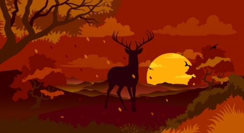 autumn landscape drawing silhouette reindeer falling leaves decoration