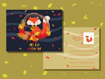 autumn postcard template fox leaves icons decor