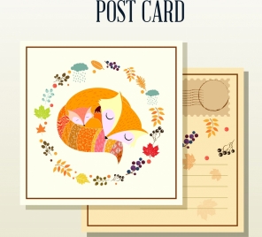 autumn postcard template fox plants icons classical design