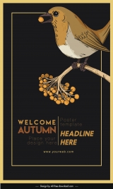 autumn poster template dark retro design bird sketch
