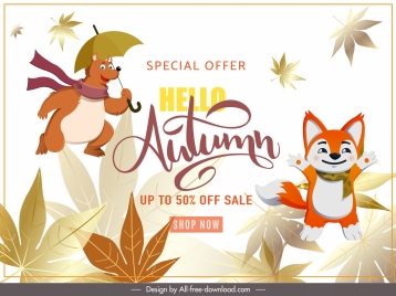 autumn sale banner cute stylized animals leaves sketch