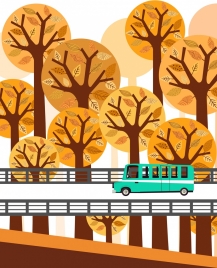 autumn scene painting brown trees bus road icons